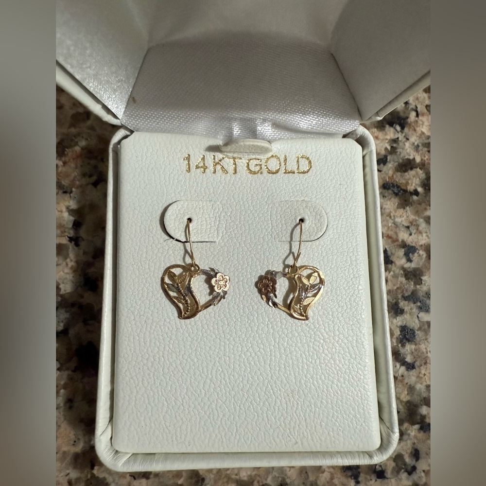 14KT Gold Heart Earrings with Rose Accents - Picture 3 of 6